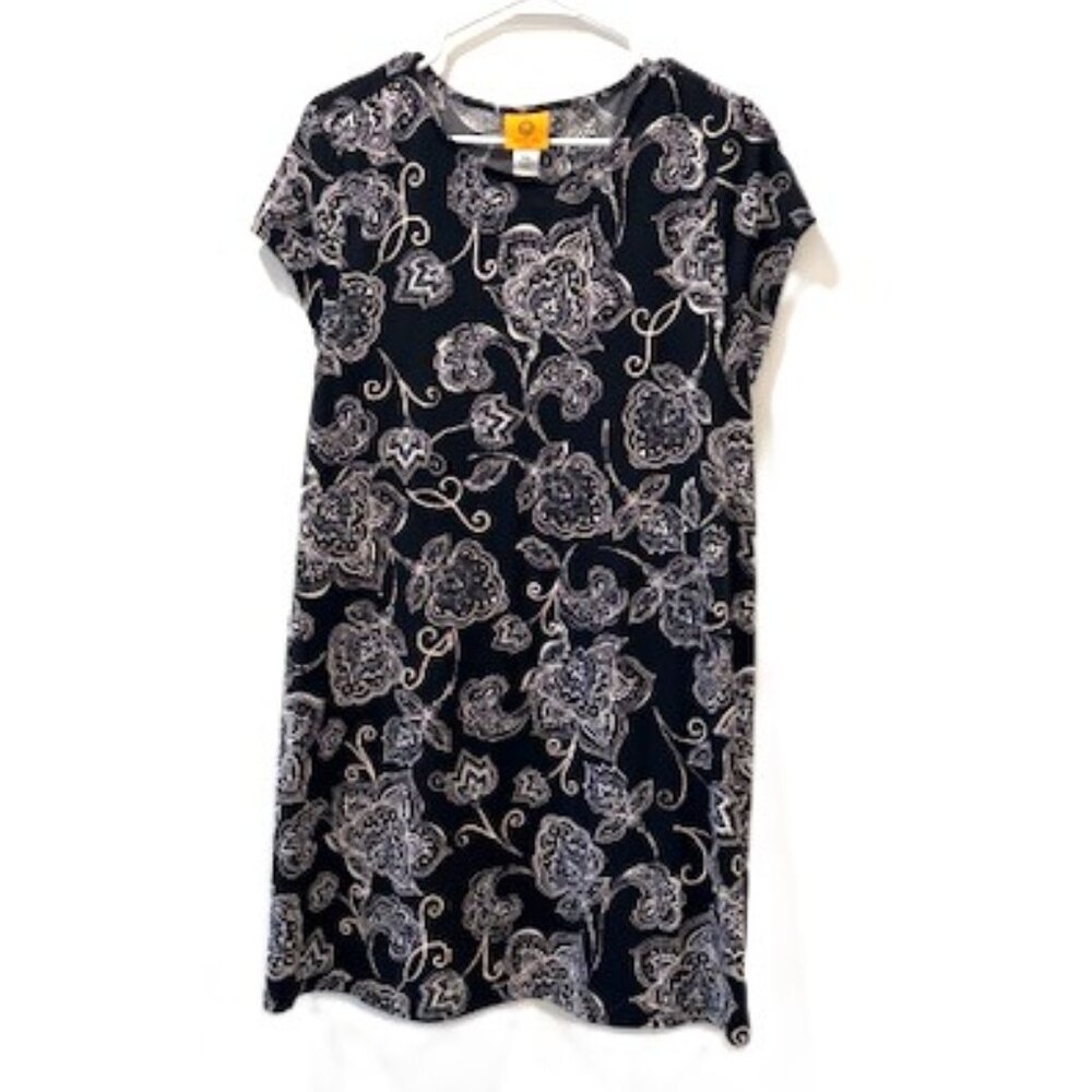 Ruby Rd. Black and White Floral Textured Swing Mini Dress with Cap Sleeves